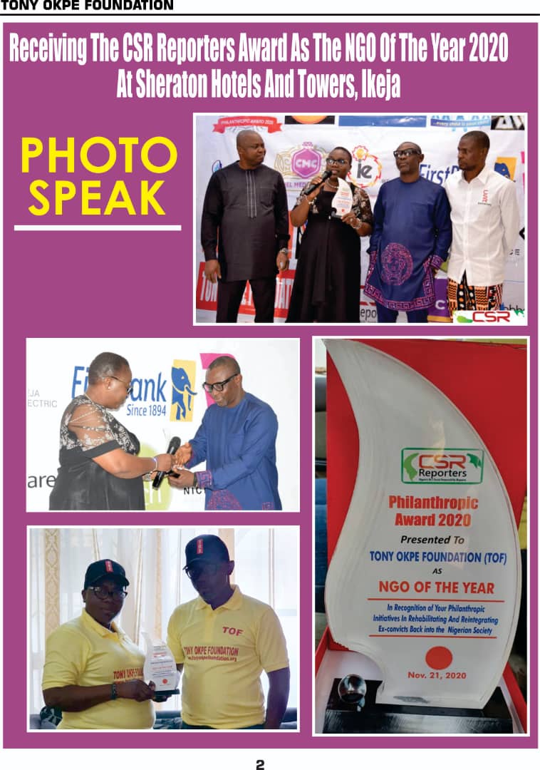 TOF Receiving CSR Reporters Award as the NGO of he year 2020 at Sharatons Hotels and Towers Ikeja